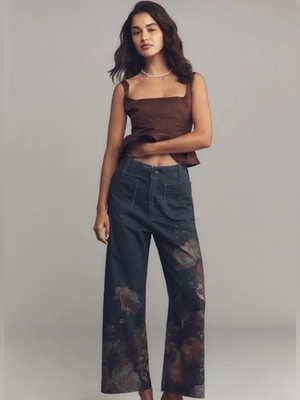 Anthropologie Maeve Colette Wide Leg Jeans Botanical Fruit Print Cropped Size 31