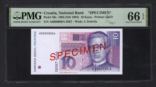 Kroatien 10 Kuna 1993 (ND 1994) P29s "Exemplar" Stempelglanz Note 66