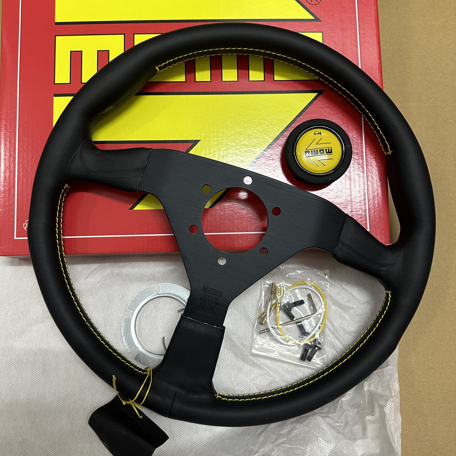 MOMO MonteCarlo Racing 14inch 350mm Leather Sport Steering Wheel Yellow Button