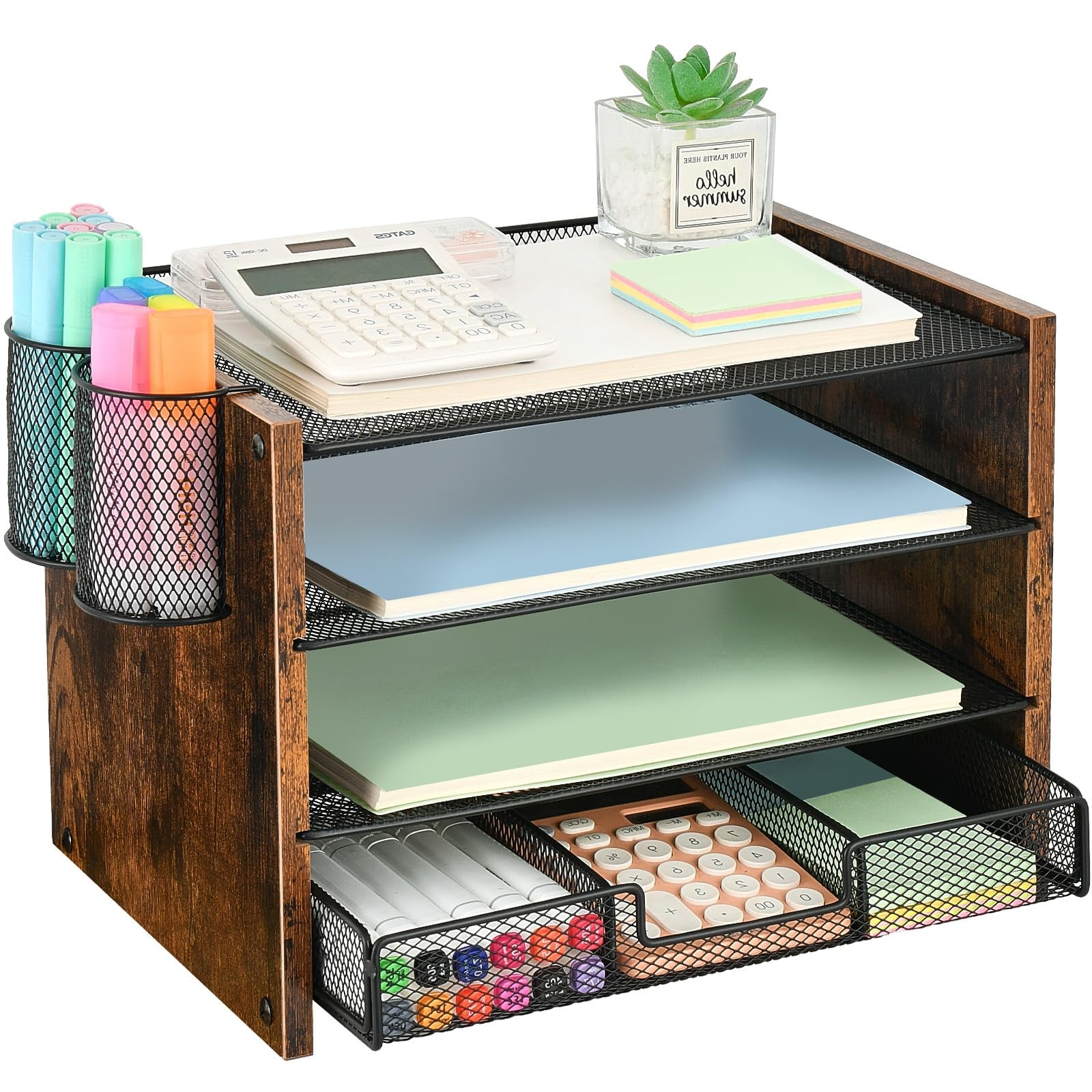 OPNCIE 4-Tier Wooden Desk Organizer for Paper Files and Letters