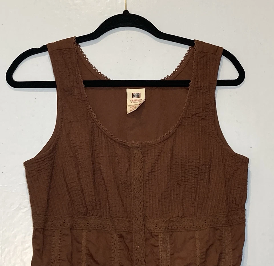 Y2K Vintage Faded Glory Fairy Grunge Tank Top Size M Brown Pintucked Crochet - Image 3 of 4