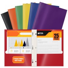 Better Office Products 2 Pocket Glossy Laminated Folders with Prongs Assorted