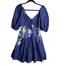 Express Navy Blue Floral Puff Sleeve Mini Dress Sweetheart Neck Smocked Back M