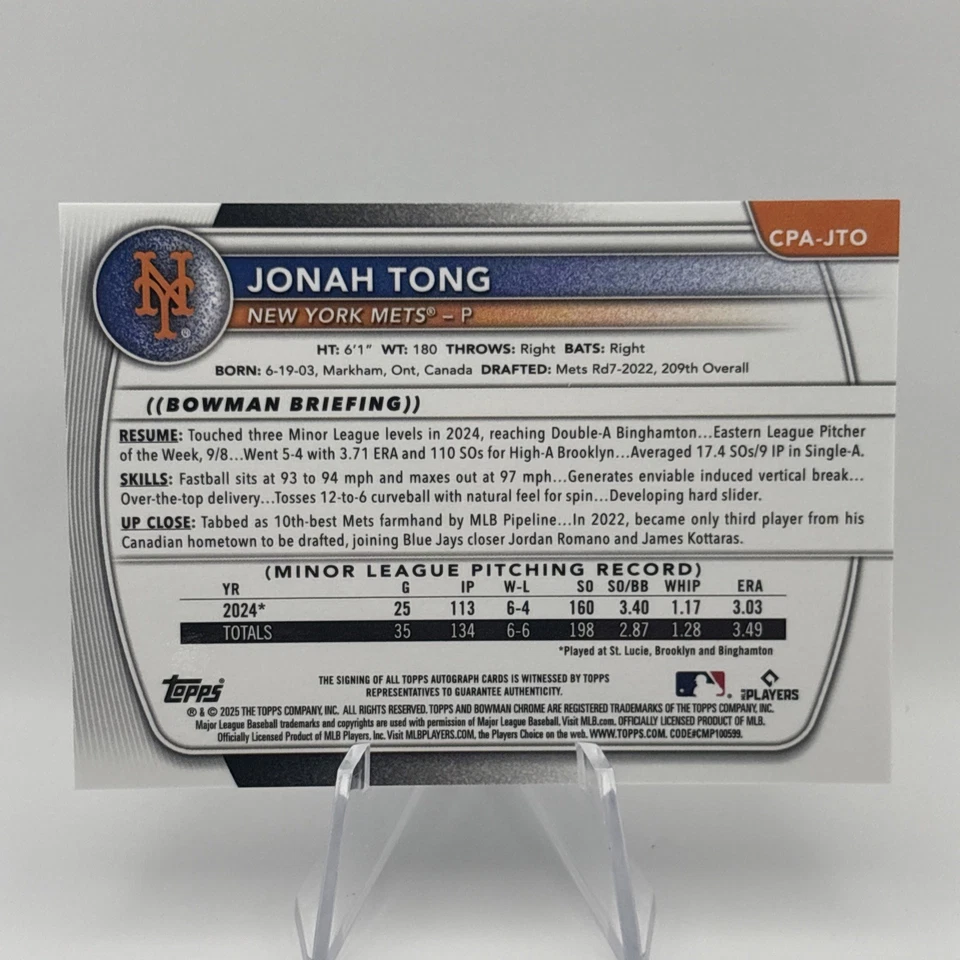 Jonah Tong 1st ON CARD AUTO - 2025 Bowman Chrome Prospect Auto - Mets RC CPA-JTO - Image 2 of 2