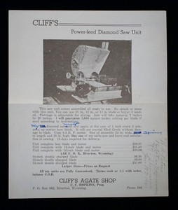 1940s advert flyer POWER FEED DIAMOND SAW UNIT Cliff's Agate Shop Riverton WY
