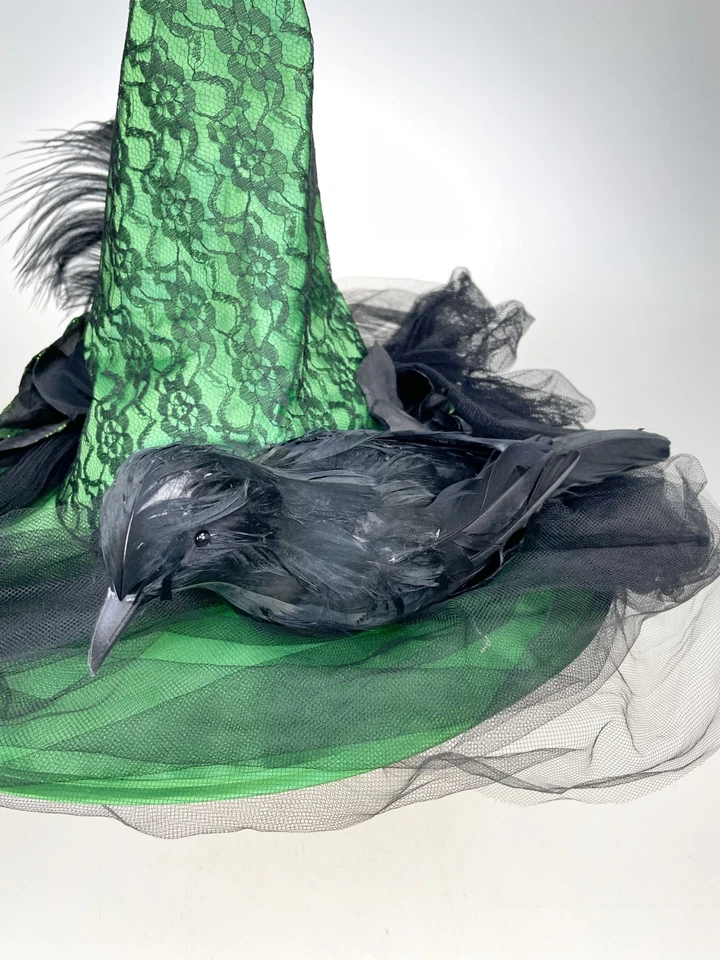 Adult Witch Hat Green Black Bird Raven Crow Feathers Flowers - Image 3 of 4