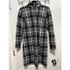 Talbots Petite SP Black White Plaid Shift Dress Quarter Zip Mock Neck