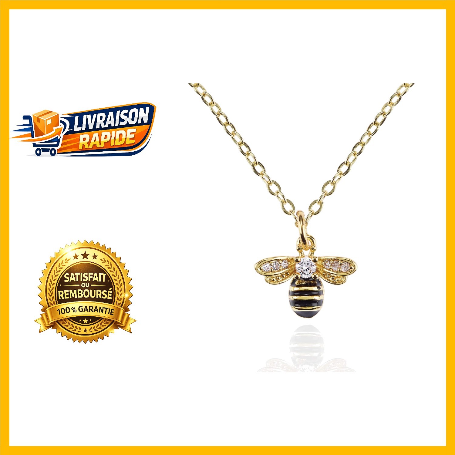 Collier abeille en argent et zircons fins avec chaîne ajustable de 40 cm