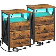 Night Stand Set 2, LED Nightstand with Charging Station, End Side Tables with...