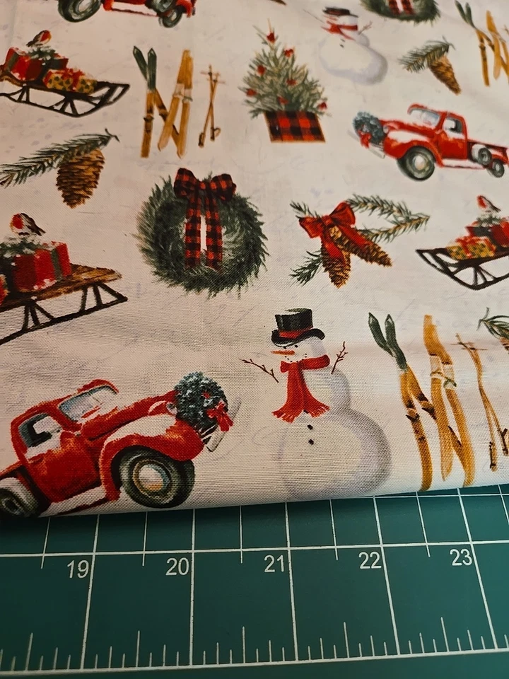 1,5 yardas Navidad Invierno Vacaciones Muñeco de Nieve Camión Rojo Piña Granja Tela de Algodón Foto 4 de 4