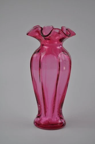Vintage Fenton Art Glass Cranberry Ruby Ruffle Top Tall Rippled Vase 7 1/2"
