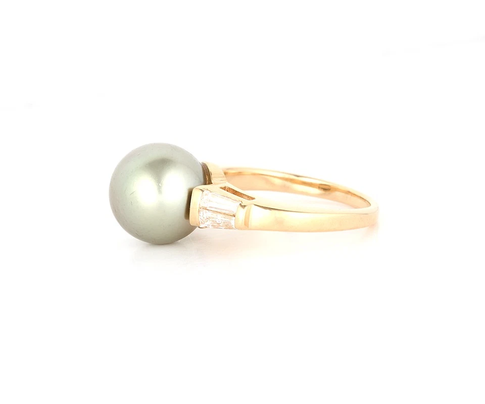 10.50MM Gray Cultured Pearl and 0.50ctw Baguette Diamond Ring in 14K - Image 2 of 3