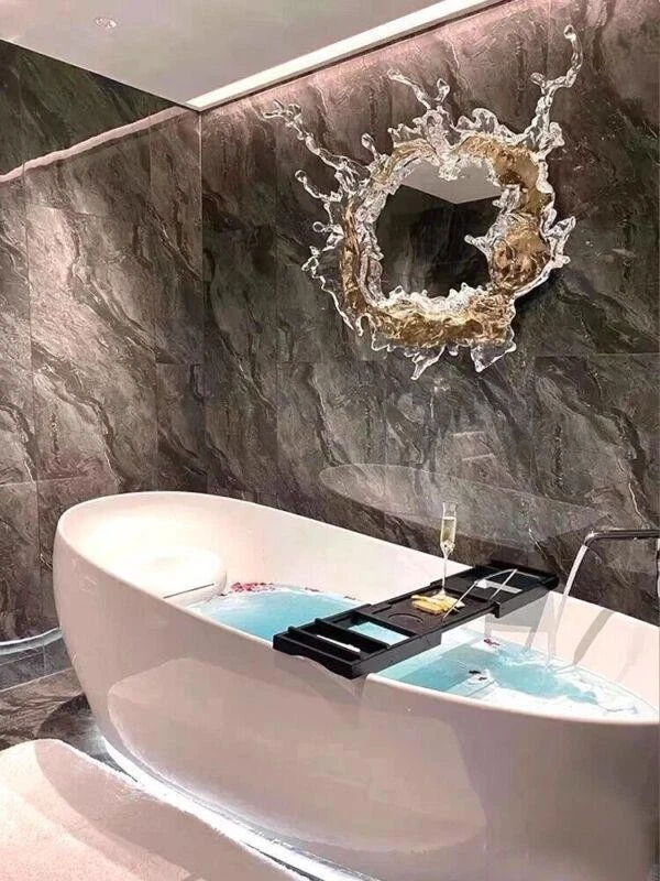 creative large round wall mirror Reality Splash Designer Home Decor Led Light - Image 3 of 4