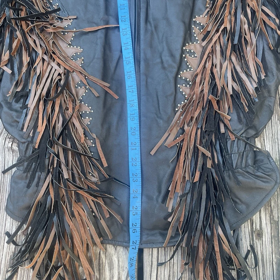 Chaqueta de cuero negra vintage con flecos para motociclista motocicleta vaquera occidental grande Foto 4 de 4