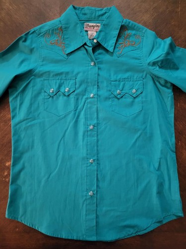 Vintage Wrangler Button Shirt Womens Small Teal Pearl Snap Western Top Cowgirl - Picture 2 of 12