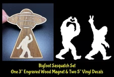 Sasquatch Bigfoot Set One 3” Engraved Wood Magnet & Two 5" White Vinyl Decals