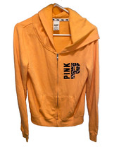 Victoria Secret PINK Womens M Hoodie Sweatshirt Orange Leopard Logo Full zip
