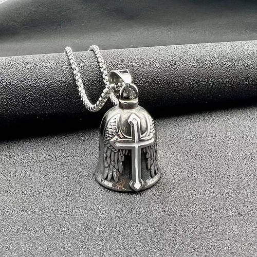 Cross Wing Motorcycle Riding Lucky Bell Pendant Necklace Stainless Steel Men - Picture 6 of 13