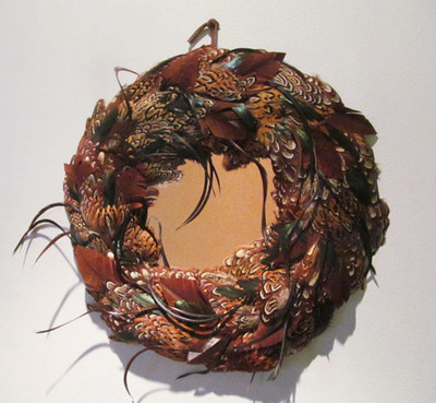 Artist Hand-Made Signed 17'' Natural Pheasant Feather Round Wall Mirror