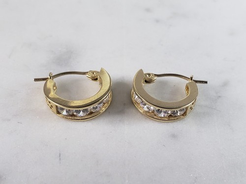 Womens Vintage Estate 14K Yellow Gold CZ Hoop Earrings, 2.2g E3187 - Picture 2 of 3