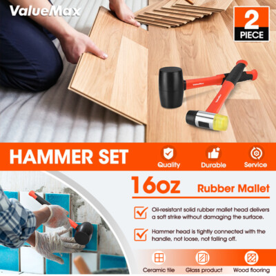 ValueMax 2-Piece Rubber Mallet Set – 16oz Mallet + 35mm Double-Faced Soft Hammer, Fiberglass Handle With TPR Grip, Solid Non-Marring Heads