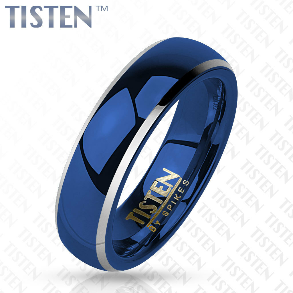 8mm Blue IP Dome Beveled Edge Tisten Tungsten Titanium Wedding Band  -image