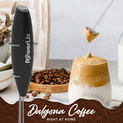 Handheld Milk Frother with Stand, Battery Operated, Stainless Steel Whisk, Black - Picture 2 of 12