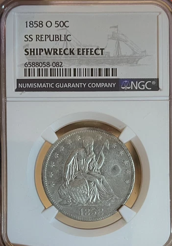 1858-O SS Republic NGC Shipwreck Effect! Seated Liberty Half Dollar