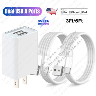 USB Fast Charger Cable Dual Port Power Adapter Cube For iPhone14 13 12 11 8 6 X