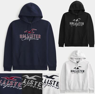 Neu Herren Hollister Kapuze Fleecefutter Bestickt Sweatshirt Marinegrau  Schwarz