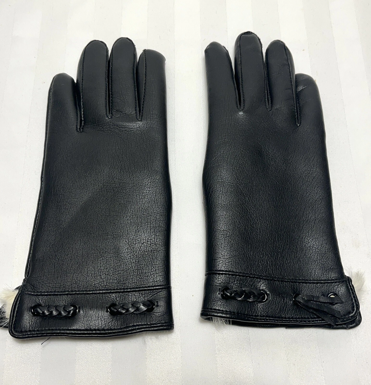 Women’s Vintage Black Rabbit Fur Lined Leather Gloves - Size A/Small