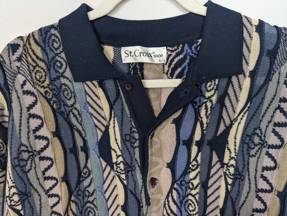 Suéter Jersey Vintage Años 90 St Croix Hombres L Rayas Biggie Cosby Tejido 3D Foto 4 de 4