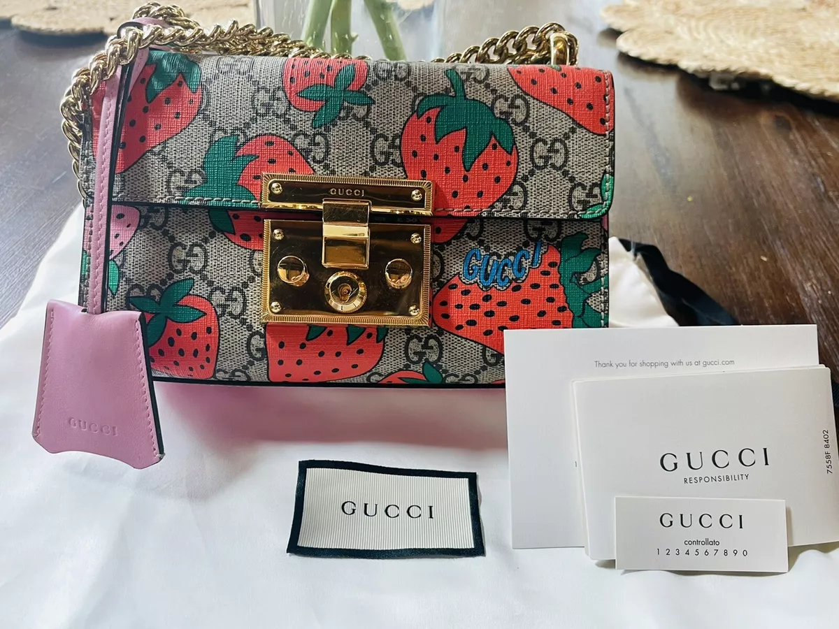 Gucci Padlock Shoulder Bag GG Supreme Strawberry Print Beige/Ebony/Metallic  Cherry in Canvas with Gold-tone - US