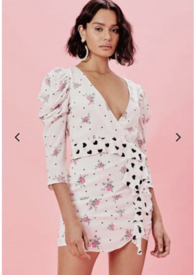 For Love & Lemons Mabel V-Neck Heart Printed Floral Ruffles Cute Mini Dress  S | eBay