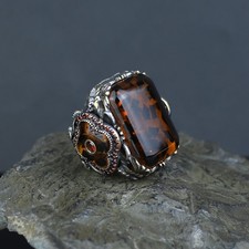 Silver Large Square Ottoman Style Natural Amber Gemstone Ring