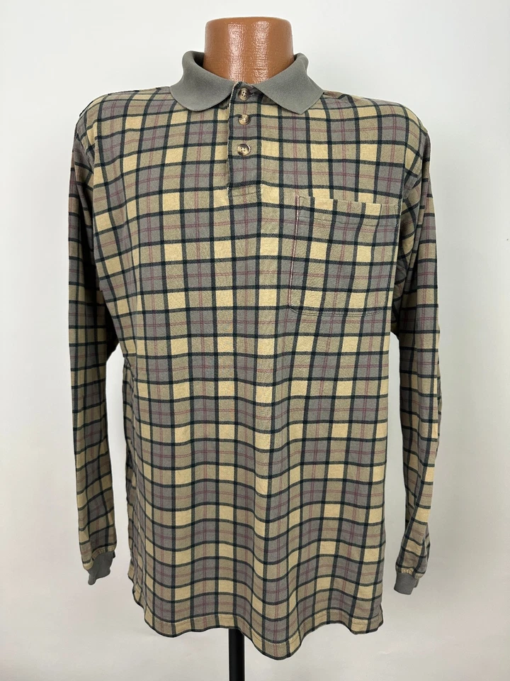 Vintage 90s Plaid Polo Shirt Men Medium Beige Gray Cotton Pocket Roundtree Yorke - Image 2 of 4