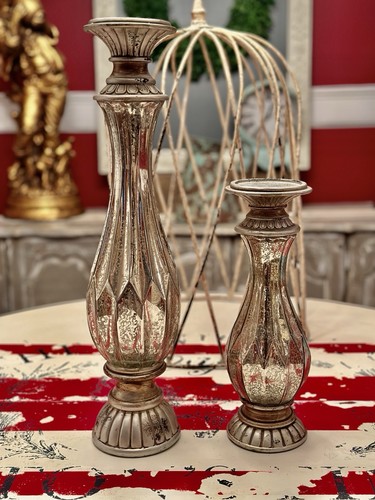 Pair of Brushed Aged Nickel & Champagne Mercury Glass Pillar Candle Holders - Picture 4 of 20