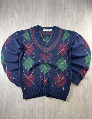 Currier & Branch Pullover Vintage 90er Grobstrick Baumwolle V-Ausschnitt blau M gemustert