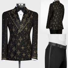 Men Suits Rhinestone Peak Lapel Tuxedo Double Breasted Party Cocktail Banquet