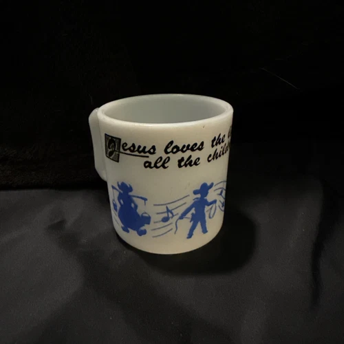 Hazel Atlas 3" Childs Prayer Milk Glass Mug Jesus Loves the Little Children VTG