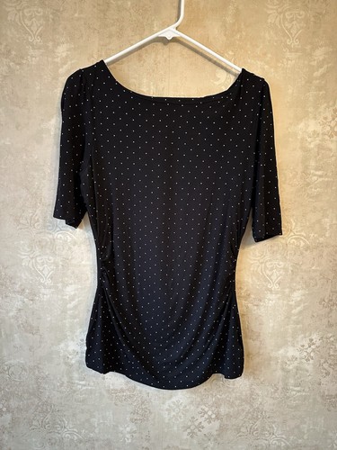 White House Black Market Black & White Polka Dot Top Peep Hole Size Medium