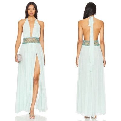 RETROFETE Allete Beaded Halterneck Chiffon Draped Miami Mint Maxi Dress  Size S | eBay