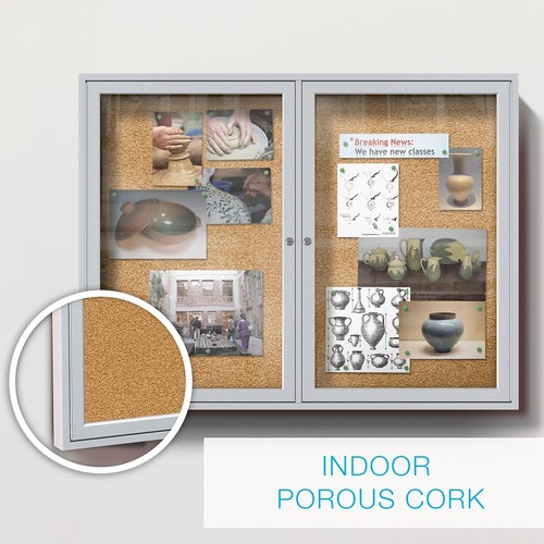 Ghent 4' H x 5' W Enclosed Natural Cork Bulletin Board with Satin Frame 2 Door - Picture 3 of 9