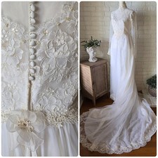 Vtg 60s 70s Alfred Angelo Flower Detail Lace Wedding Gown, 4/S, Romantic, Pearl