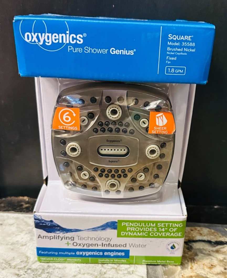 Oxygenics 6-Spray Brushed Nickel 4.5-in Square High Pressure Shower Head 1.8 GPM