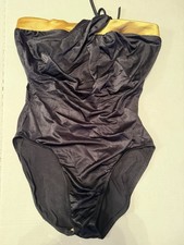 Vintage 80s Bathing Suit Black Gold Avon Fashions Size 15/16 Classic One Piece