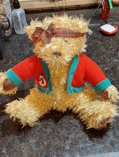 HALLMARK CARDS INC VINTAGE STUFFED CHRISTMAS BEAR TAN WITH PLAID BOW RED VEST