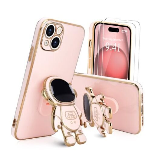for Case, Cute 3D Astronaut Stand with [2 Screen Protector] iPhone 15 Pink