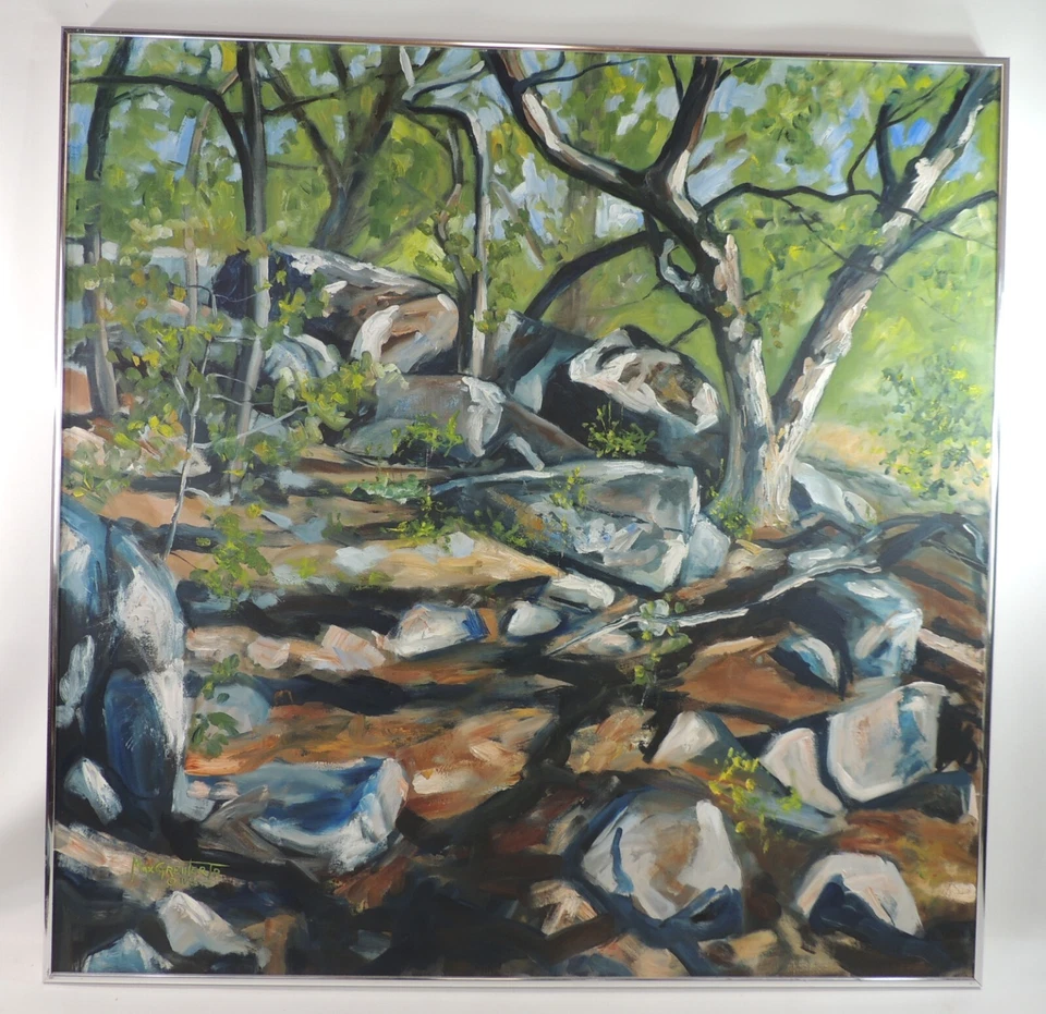 Pintura en lienzo original Max Greiner Jr 1983 bosque rocoso sombreado patrón de noviembre Foto 2 de 4
