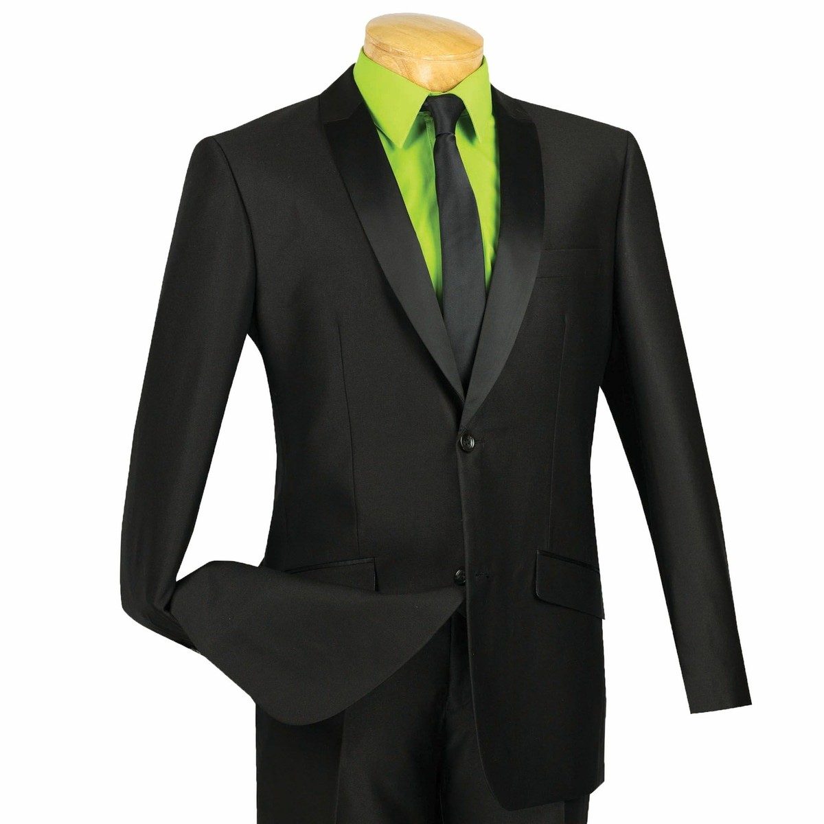 VINCI Men's Black Sharkskin 2 Button Shawl Lapel Slim Fit Tuxedo